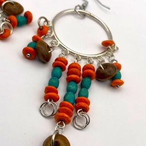 NWOT handmade boho chandelier style orange blue brown wooden beaded earrings
